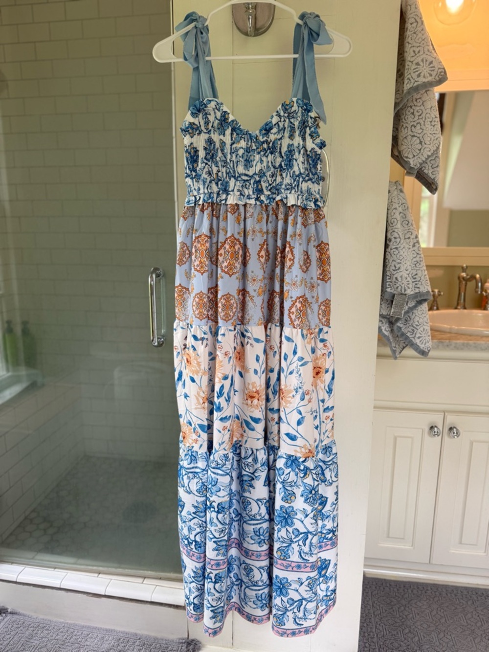 Blue & White Tiered Maxi Dress with Floral Print Bow Shoulder